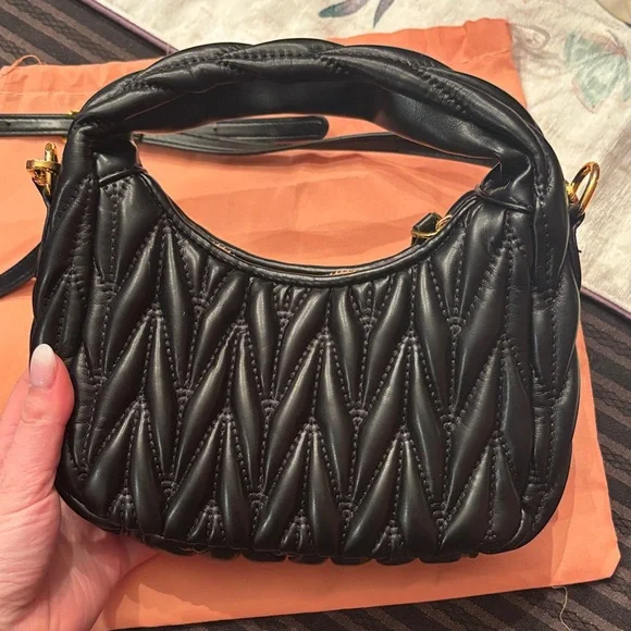 Black Quilted Shoulder Bag with Gold Details - Picture 3 of 5
